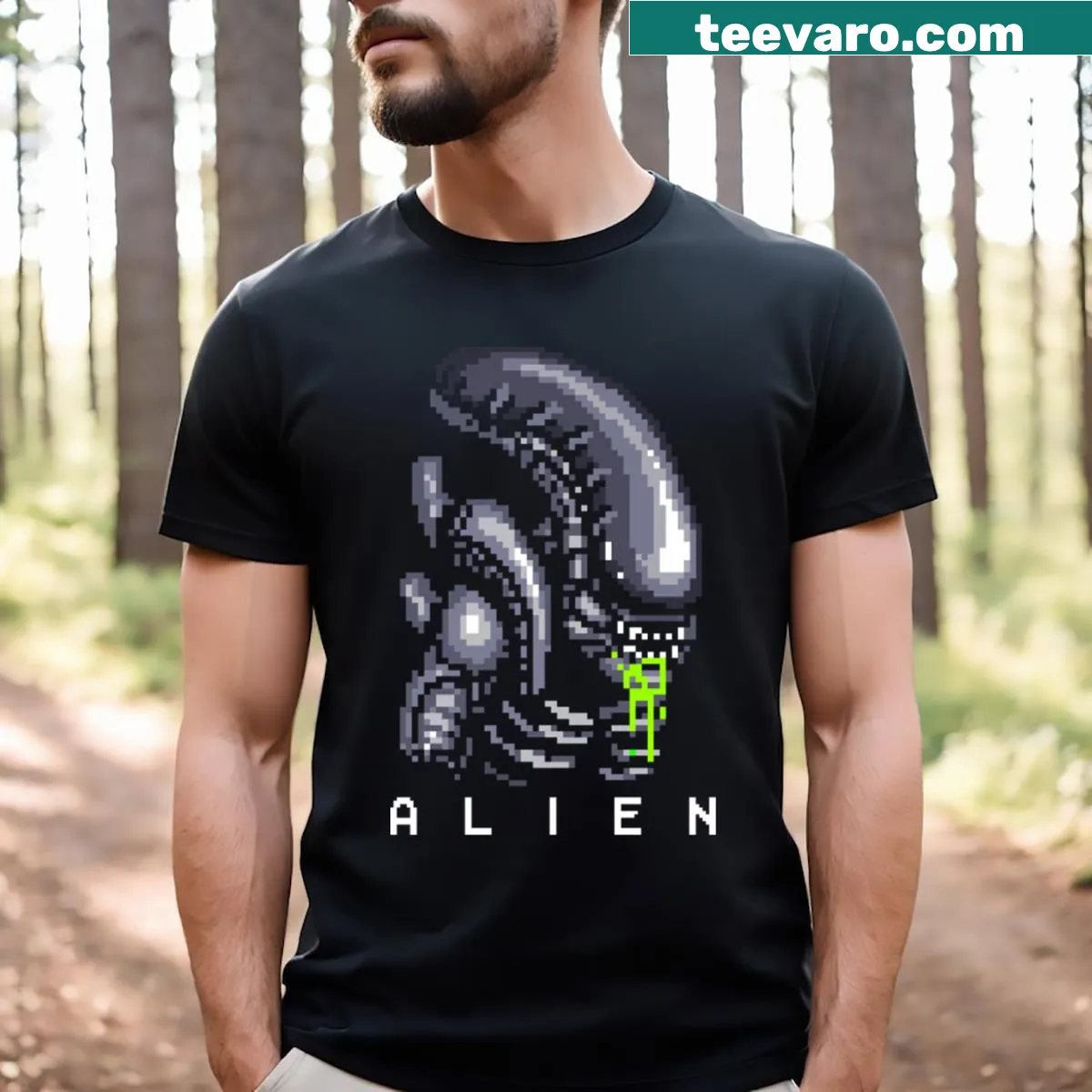 Pixel art design of an alien on a T-shirt — on a men's t-shirt