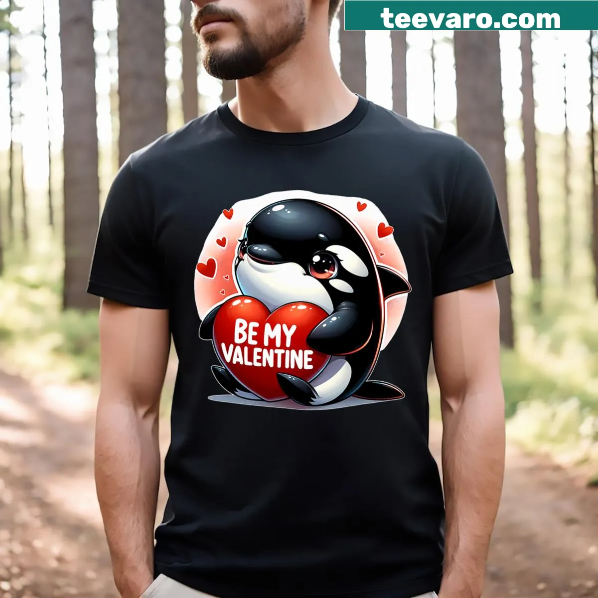 Cute orca whale surrounded by hearts on a T-shirt design — on a men's t-shirt