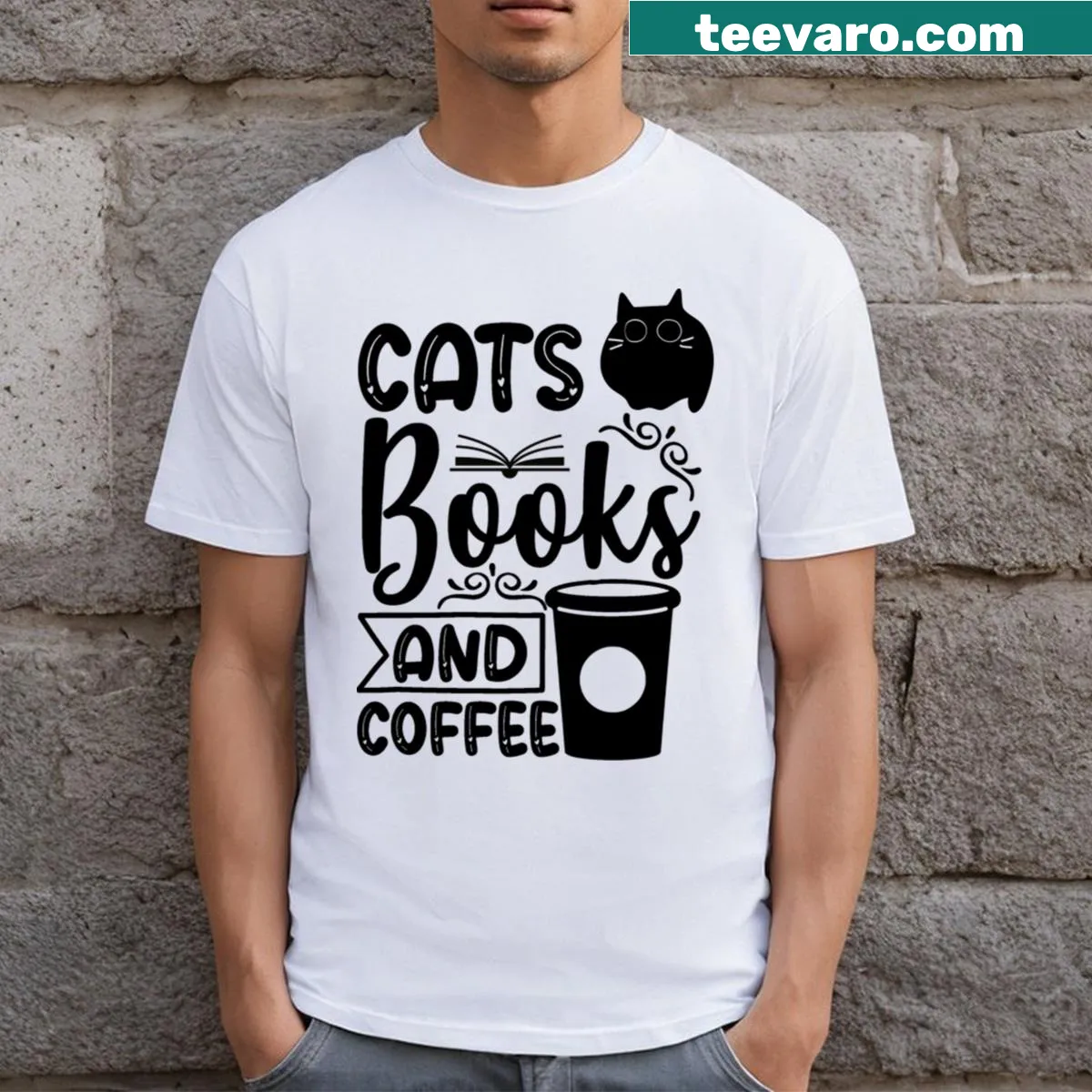 T-shirt featuring the text 'Cats Books Coffee' in charming typography — on a men's t-shirt