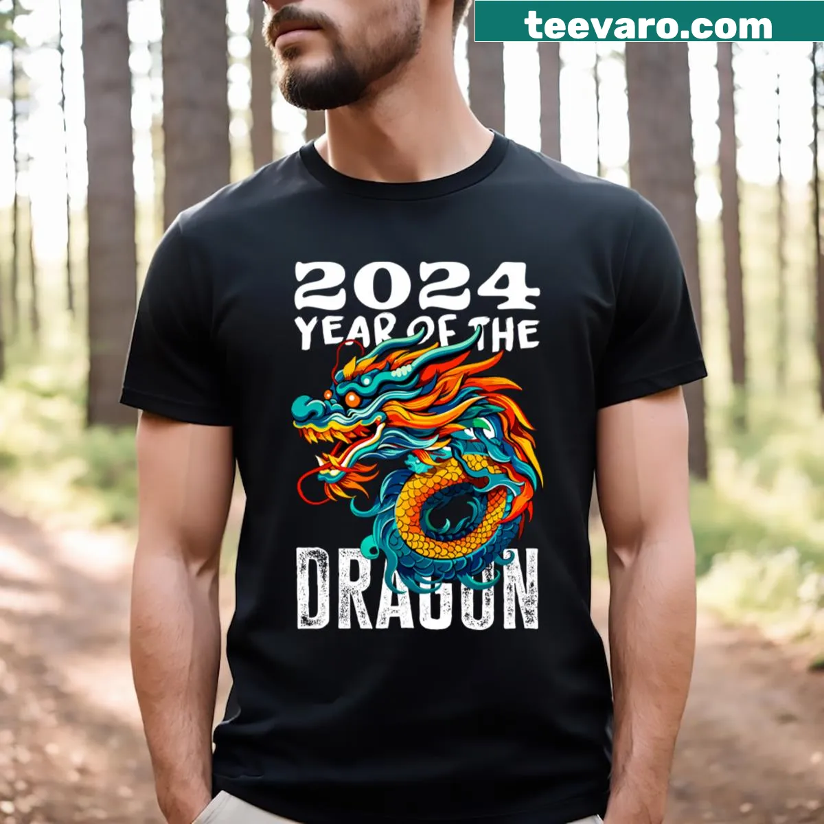 Chinese Lunar New Year 2024 graphic T-shirt celebrating the Year of the Dragon — on a men's t-shirt