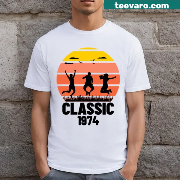 Retro T-shirt featuring the year 'Classic 1974' in bold typography.