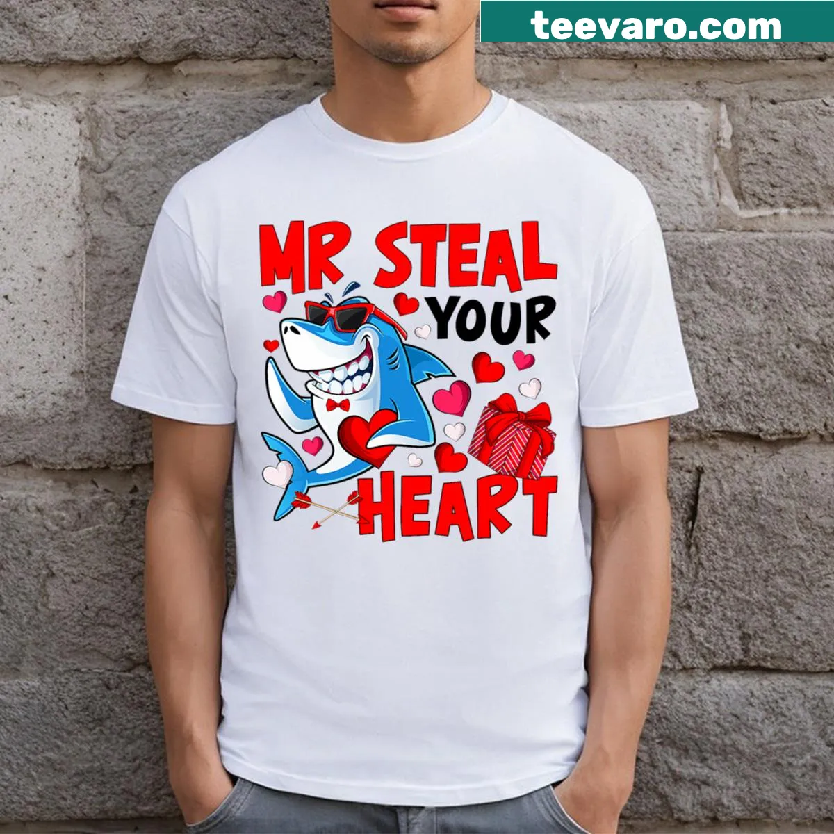 Funny Valentine's Day t-shirt featuring a cartoon shark and playful text — on a men's t-shirt