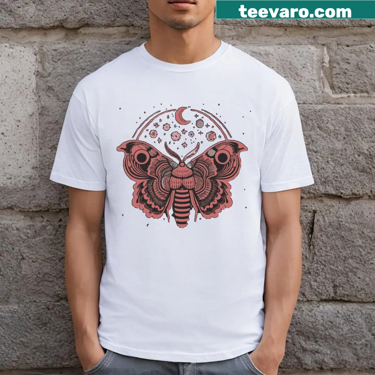 T-shirt featuring an elegant copper moon moth illustration — on a men's t-shirt