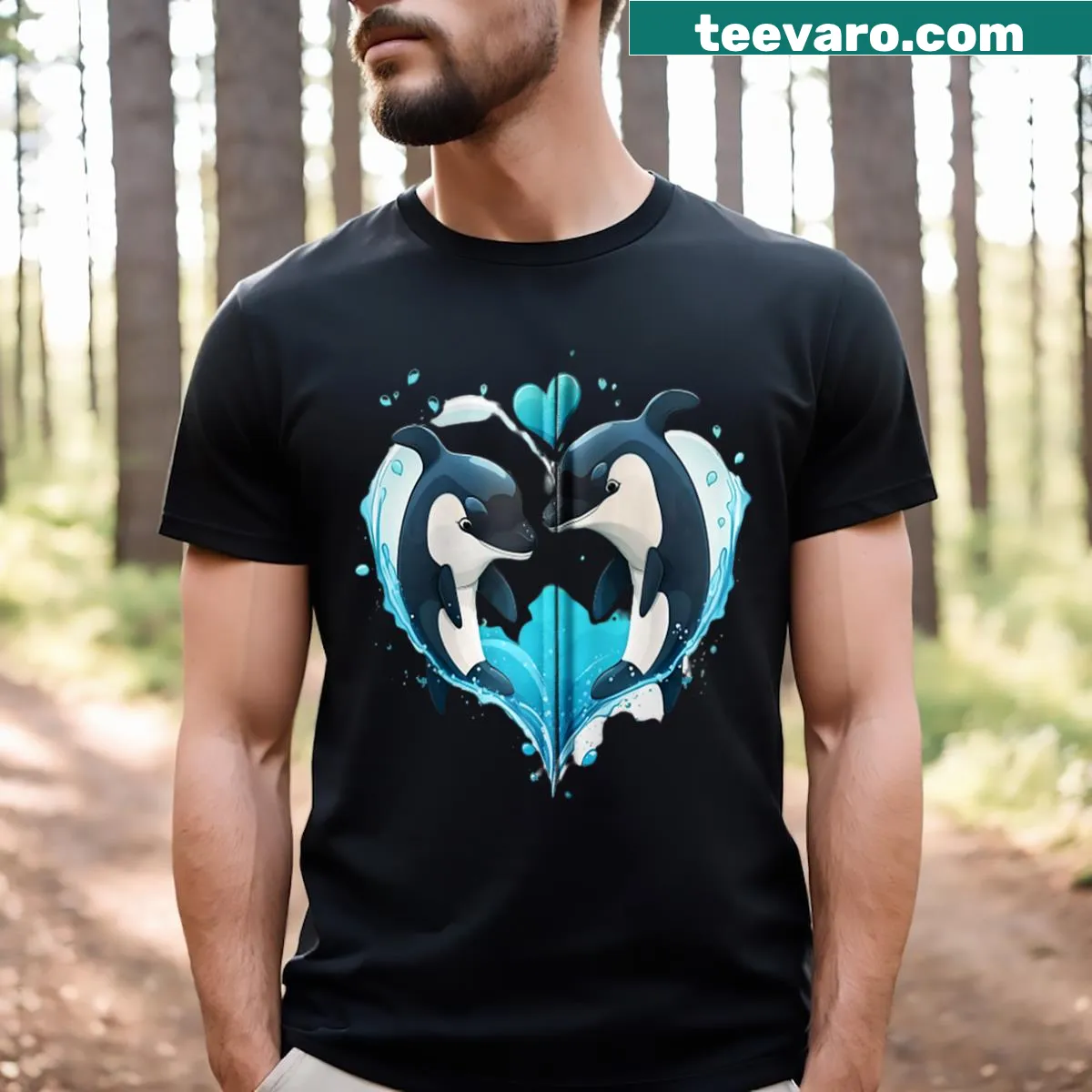 Whimsical orcas and hearts design on zip T-shirt — on a men's t-shirt