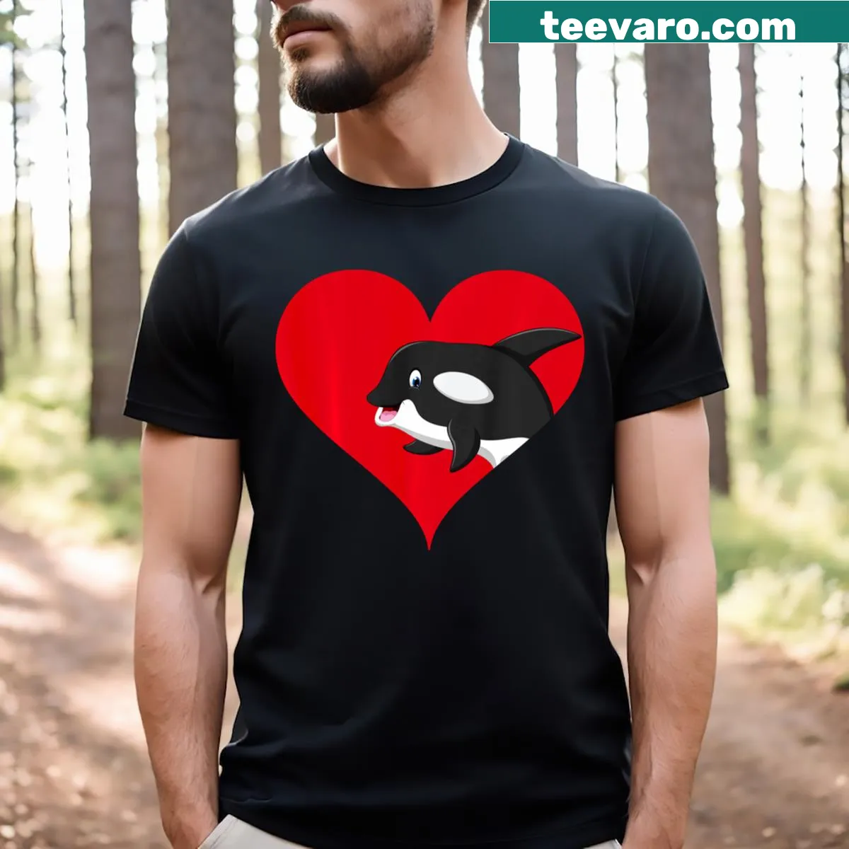 Heart-shaped orca graphic on a Valentine's Day T-shirt — on a men's t-shirt