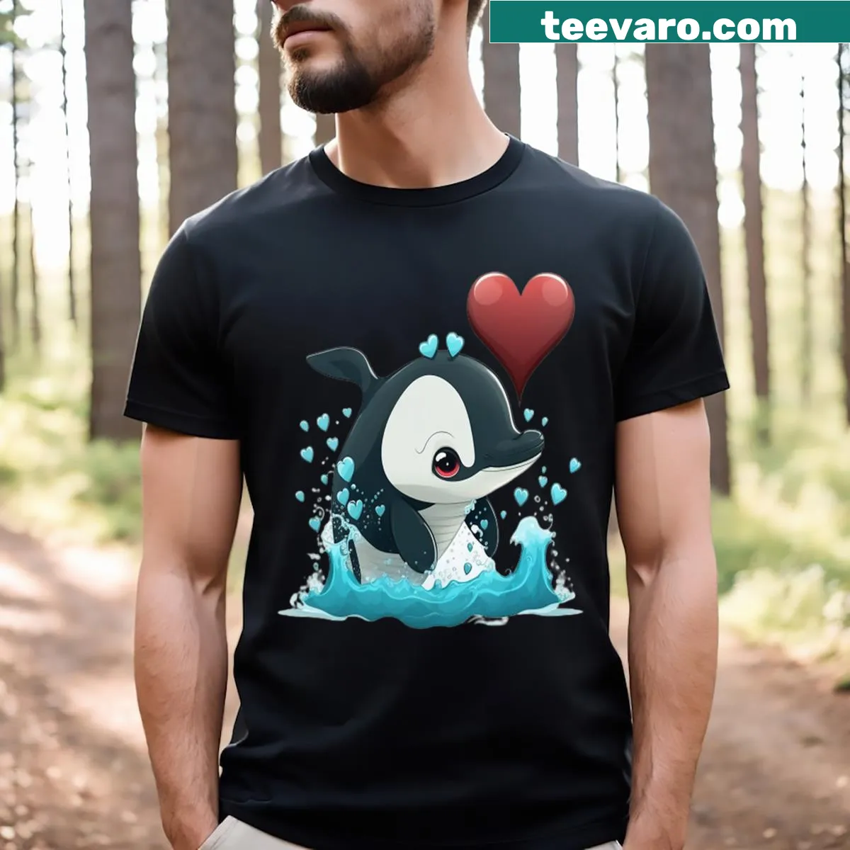 Cute orca whale T-shirt with playful underwater theme — on a men's t-shirt