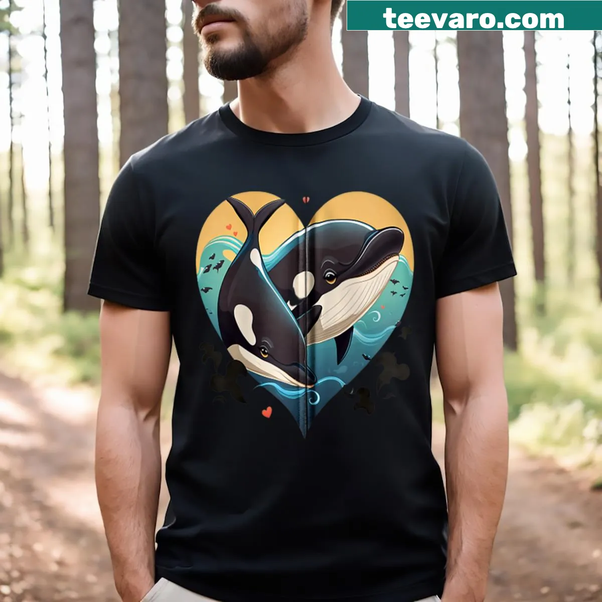 Underwater orca family with cute fish illustrations on zip T-shirt — on a men's t-shirt