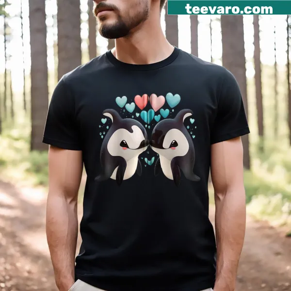 Zip t-shirt with cute orca whales and hearts design underwater