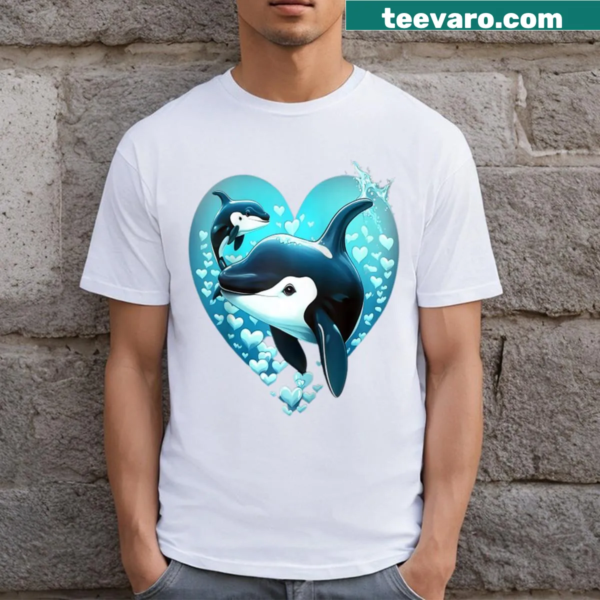 Cute orca whale raglan tee with playful underwater design — on a men's t-shirt