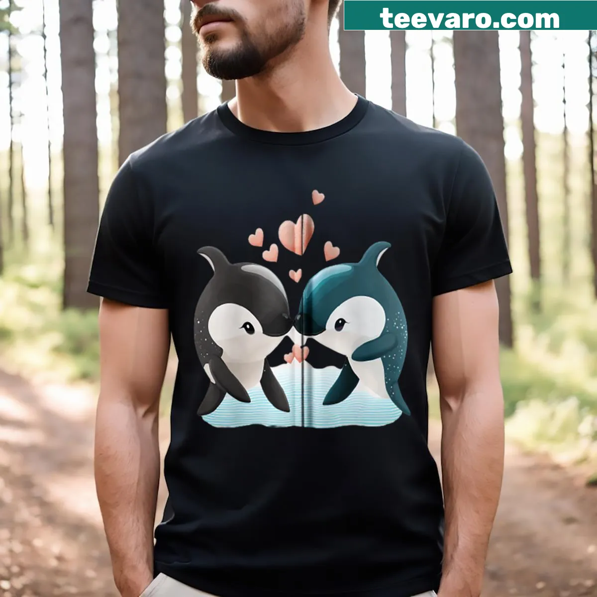 Underwater friendship of orcas and fish on zip T-shirt — on a men's t-shirt