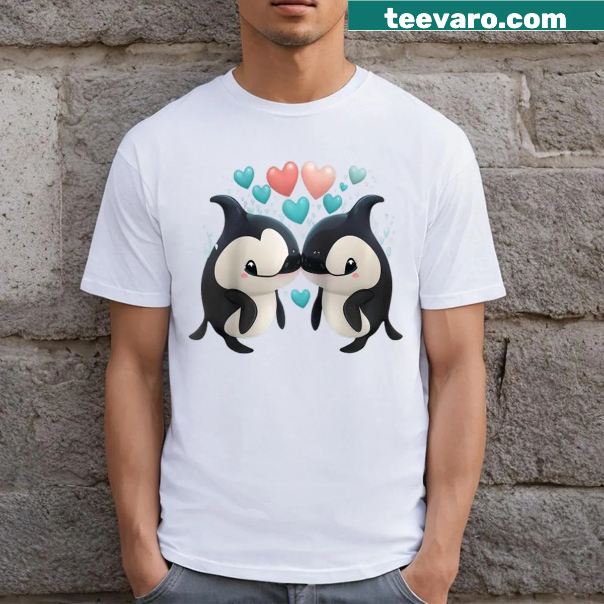 Playful orca friends graphic raglan tee — on a men's t-shirt