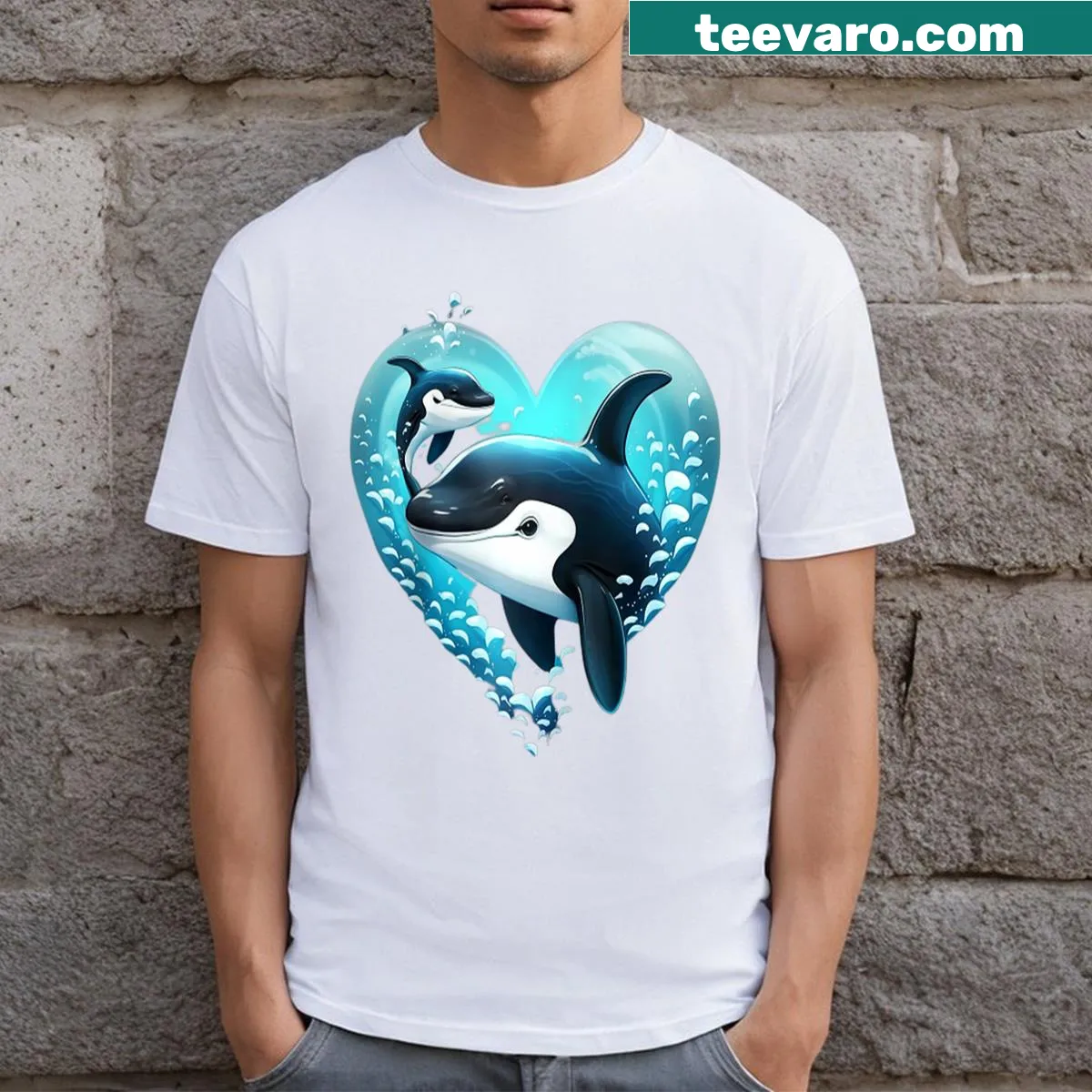 Cute raglan tee featuring playful orcas and heart designs — on a men's t-shirt