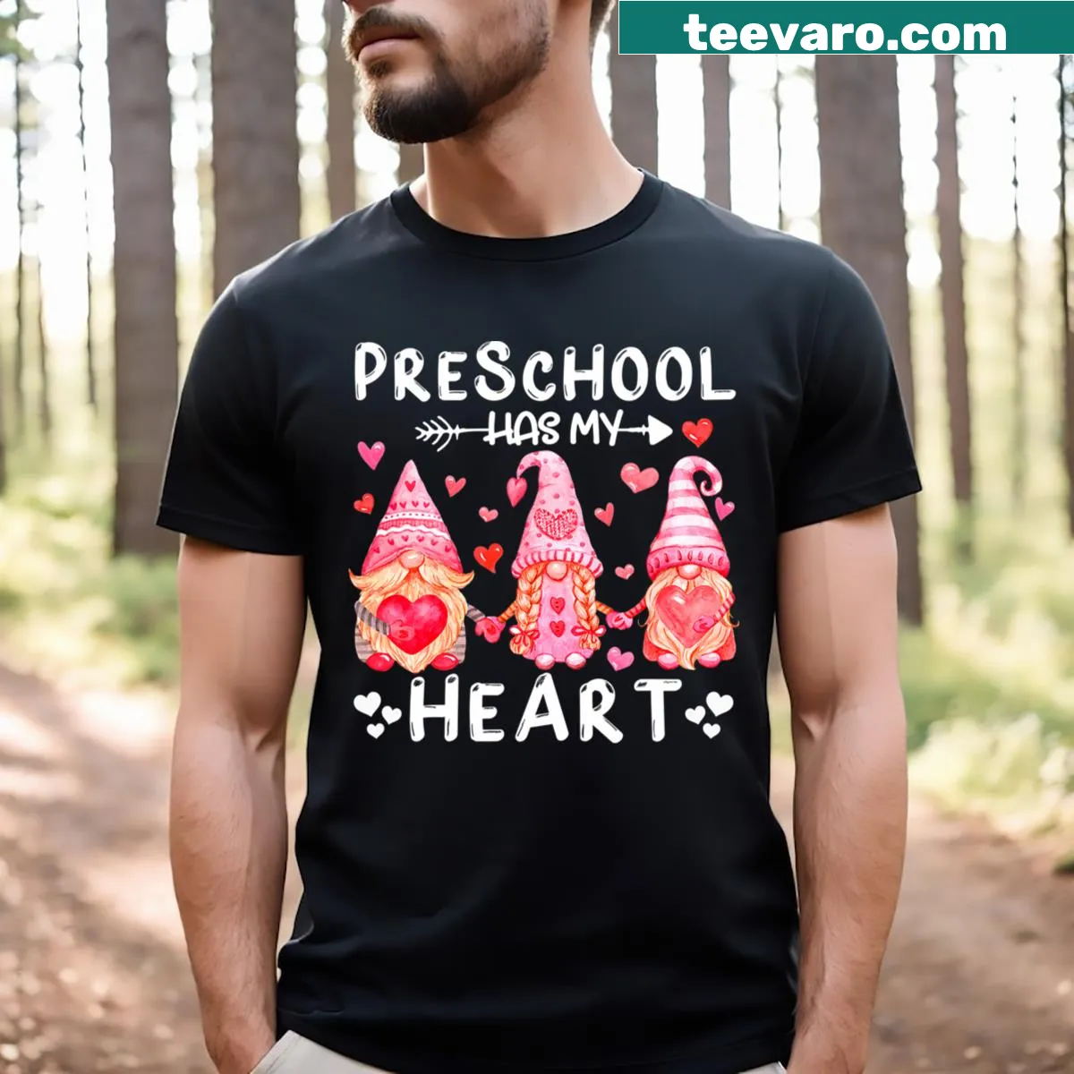 Teacher gnome graphic with heart on Valentine's Day t-shirt — on a men's t-shirt