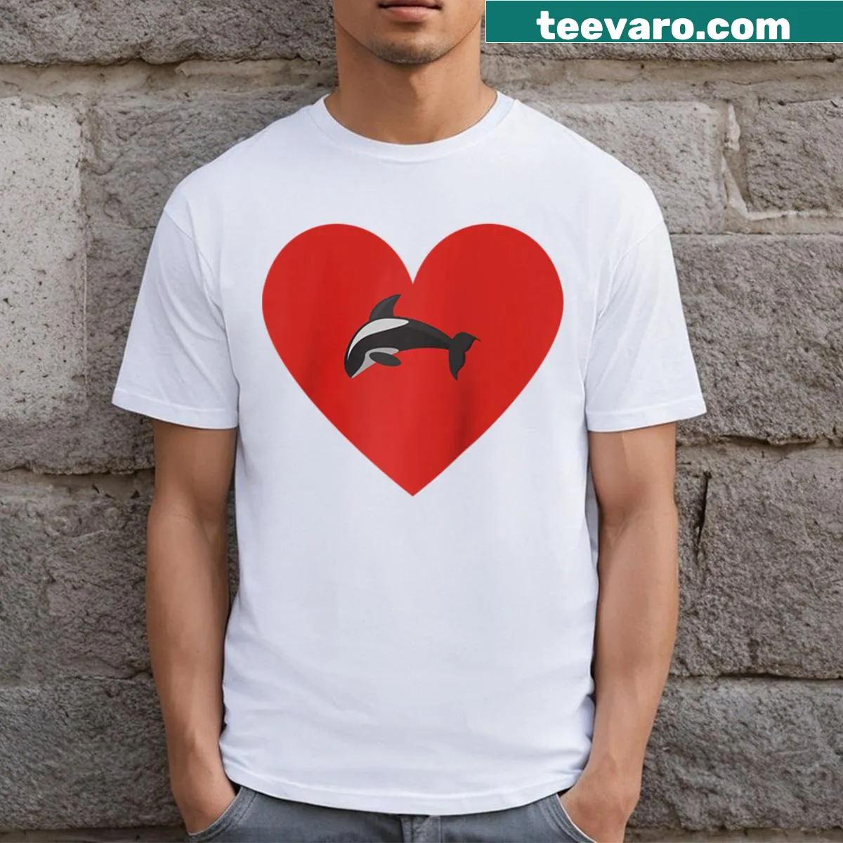 Retro orca design raglan baseball tee with heart motifs — on a men's t-shirt