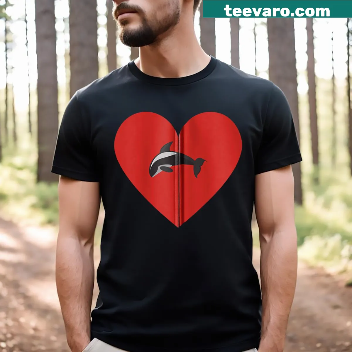 Retro-inspired T-shirt featuring a killer whale with hearts for Valentine's Day — on a men's t-shirt