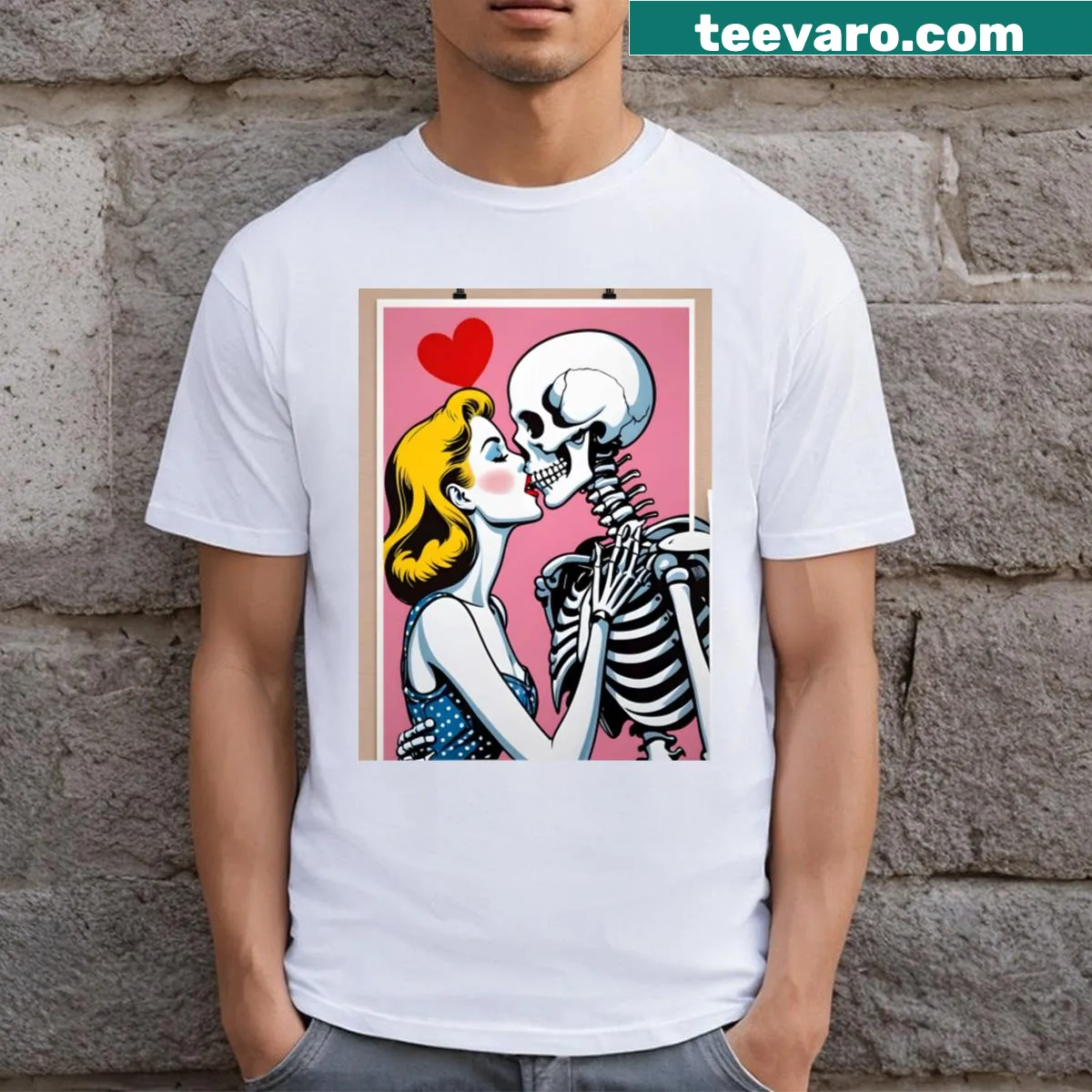 Comic-style Valentine T-shirt featuring a skeleton kissing a woman — on a men's t-shirt