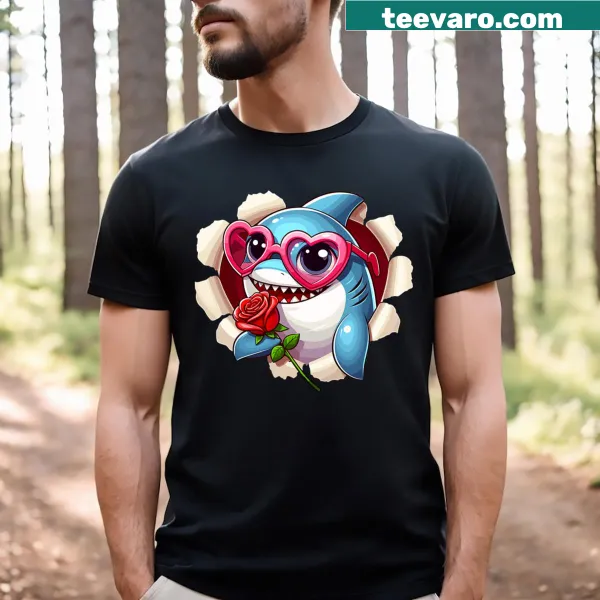 Shark graphic with heart glasses and roses on Valentine's Day t-shirt