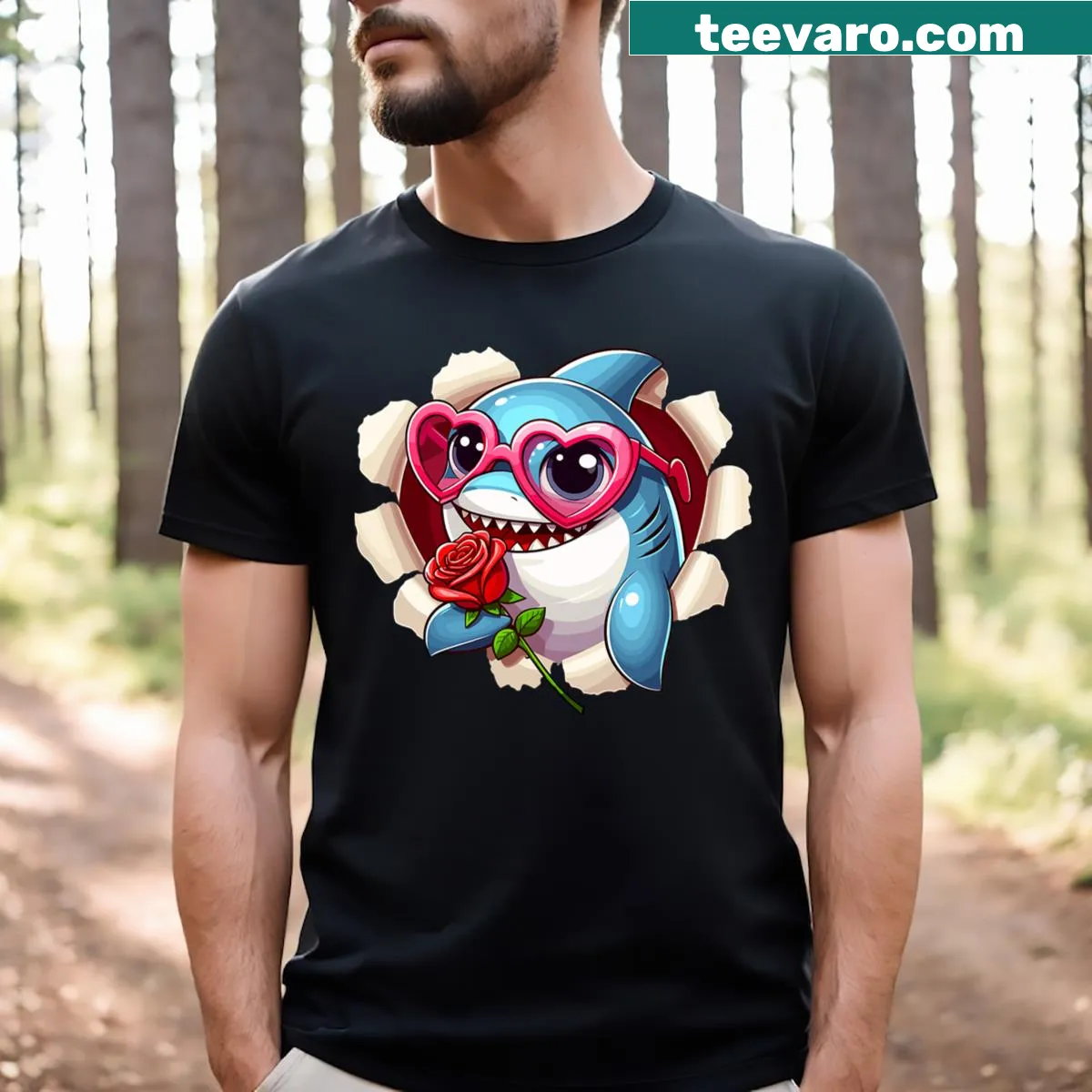 Shark graphic with heart glasses and roses on Valentine's Day t-shirt — on a men's t-shirt