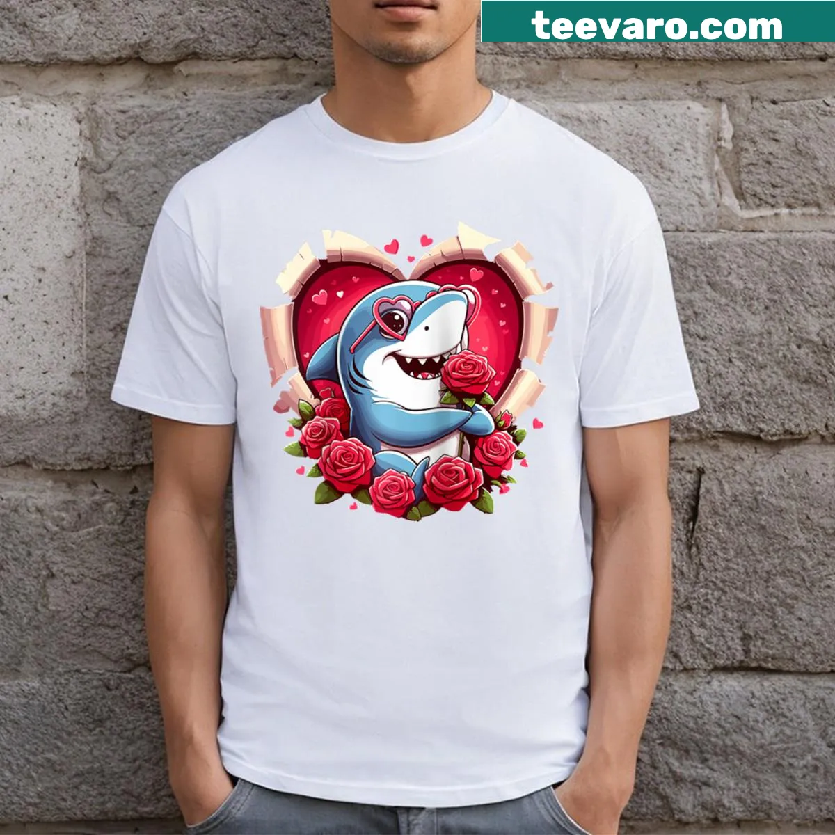 Couple's T-shirt with a shark in heart glasses holding a rose — on a men's t-shirt