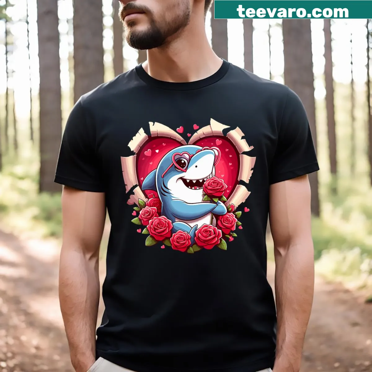 Cartoon shark with heart glasses and roses on V-neck T-shirt — on a men's t-shirt