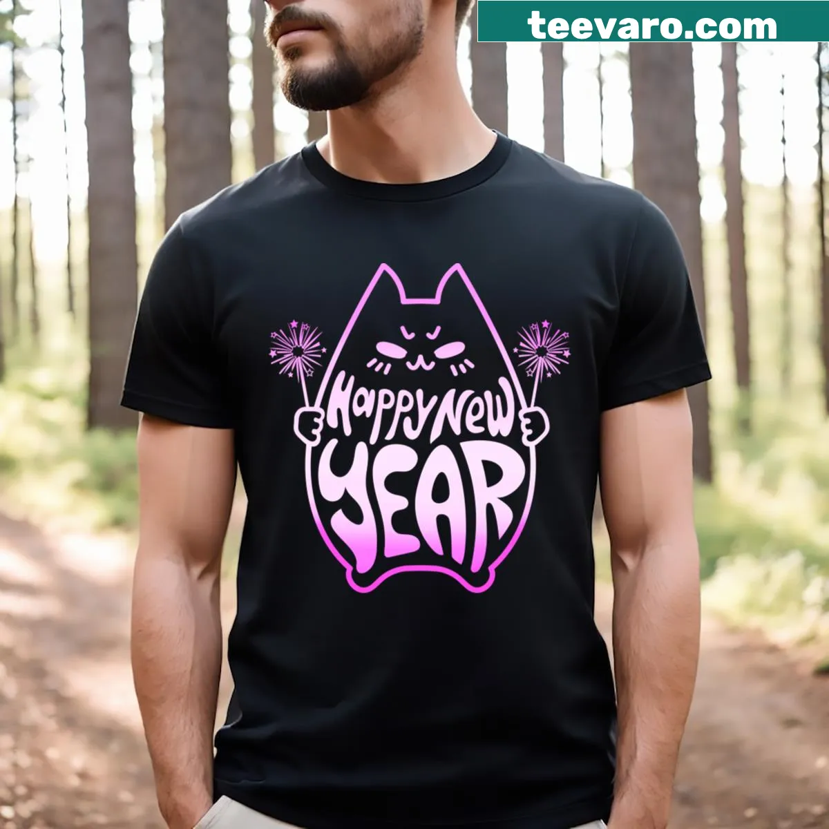 Whimsical illustration of a cat celebrating New Year's in pink gradient. — on a men's t-shirt