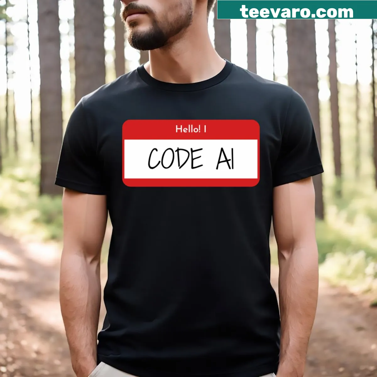 Typography T-shirt with 'Hello I Code AI' message — on a men's t-shirt