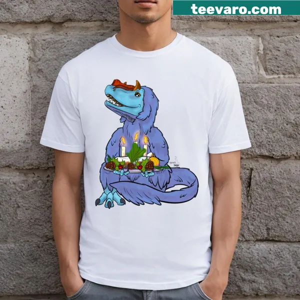 Playful cartoon Yutyrannus with holiday decorations on a t-shirt