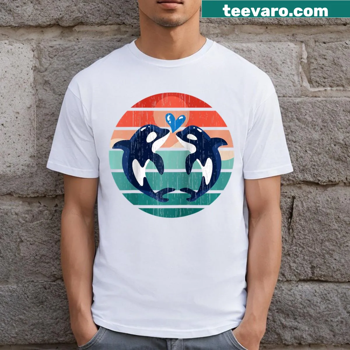 Vintage orca whale graphic with heart design — on a men's t-shirt