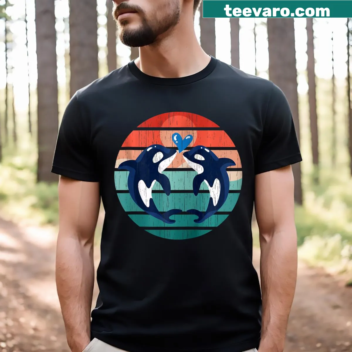 Vintage zip t-shirt with orca whale heart graphic — on a men's t-shirt