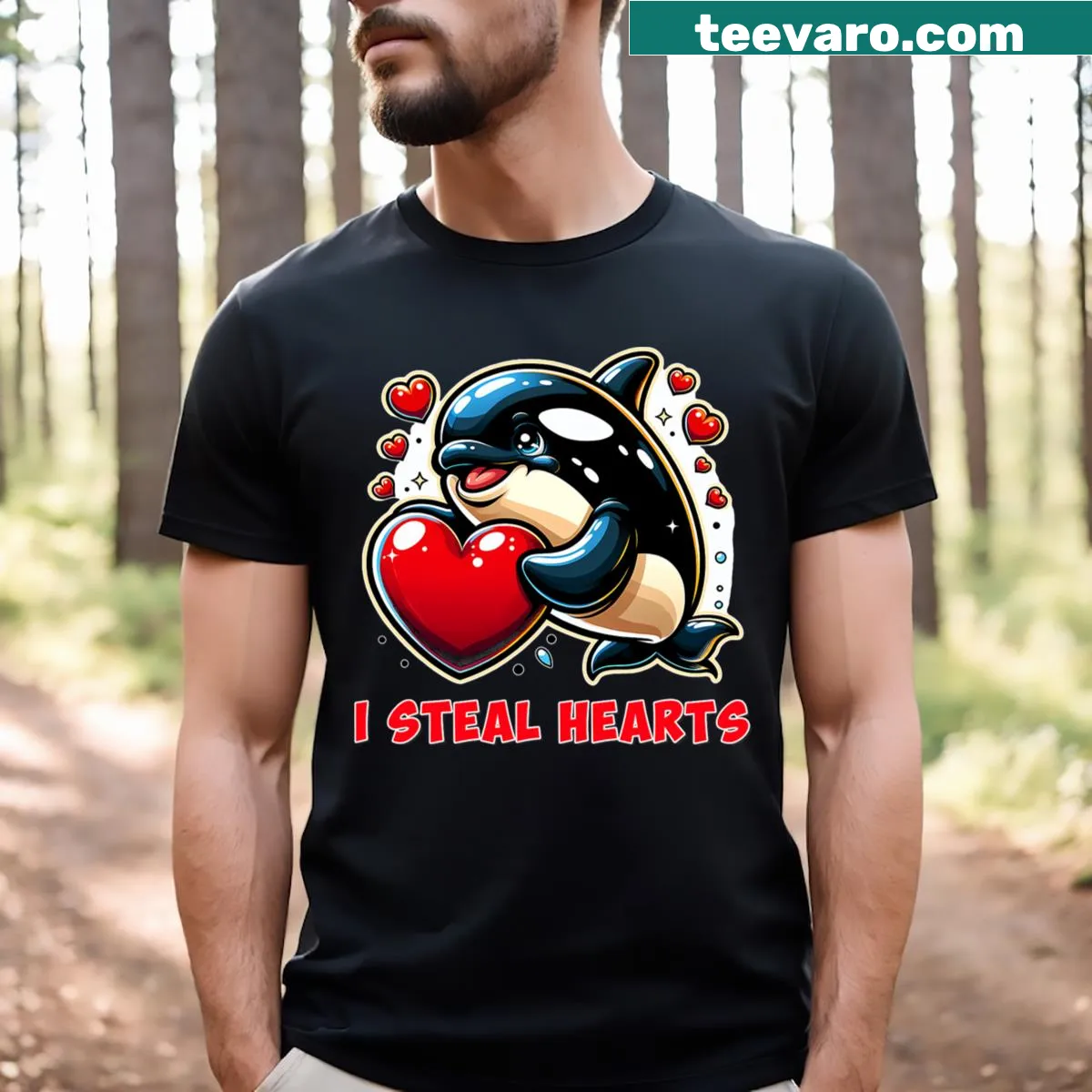 Cute illustration t-shirt featuring an orca whale and 'I Steal Hearts' text — on a men's t-shirt