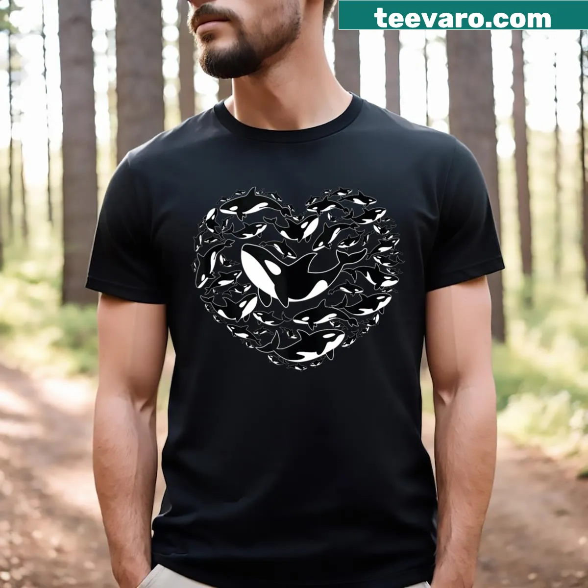 Orca whale design in heart shapes on T-shirt — on a men's t-shirt