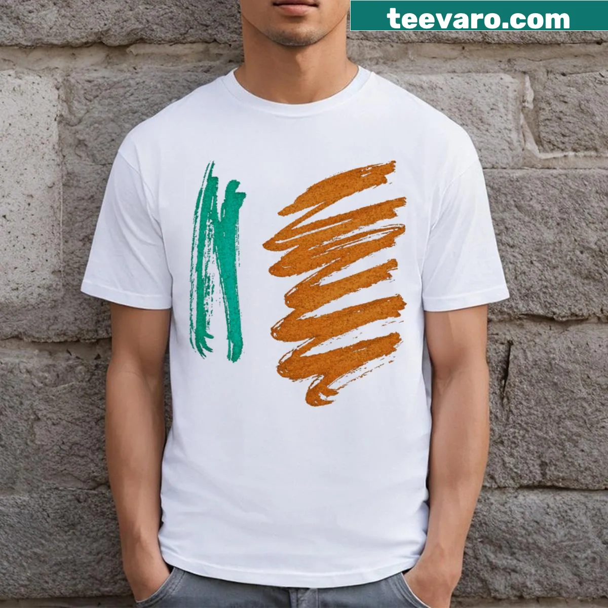 Minimal color abstract graphic T-shirt with clean lines and shapes — on a men's t-shirt