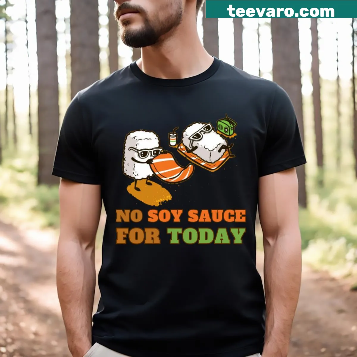 Humorous No Soy Sauce T-shirt with playful typography — on a men's t-shirt