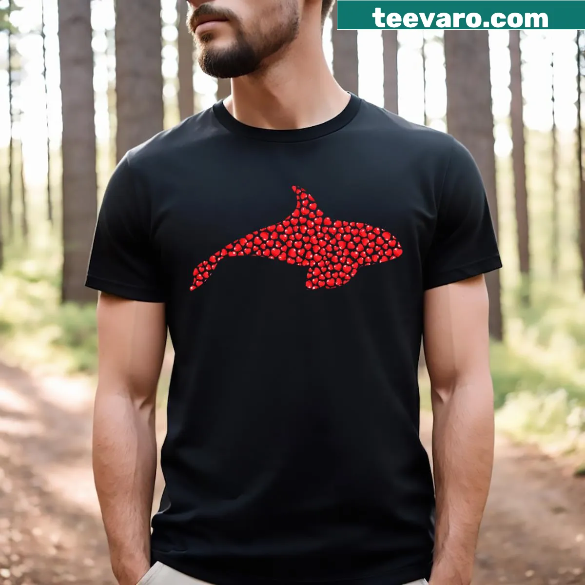Heart-shaped orca graphic on a Valentine's Day T-shirt — on a men's t-shirt