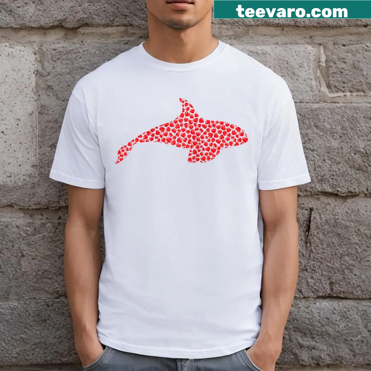 Heart-shaped orca design on a Valentine's Day T-shirt — on a men's t-shirt