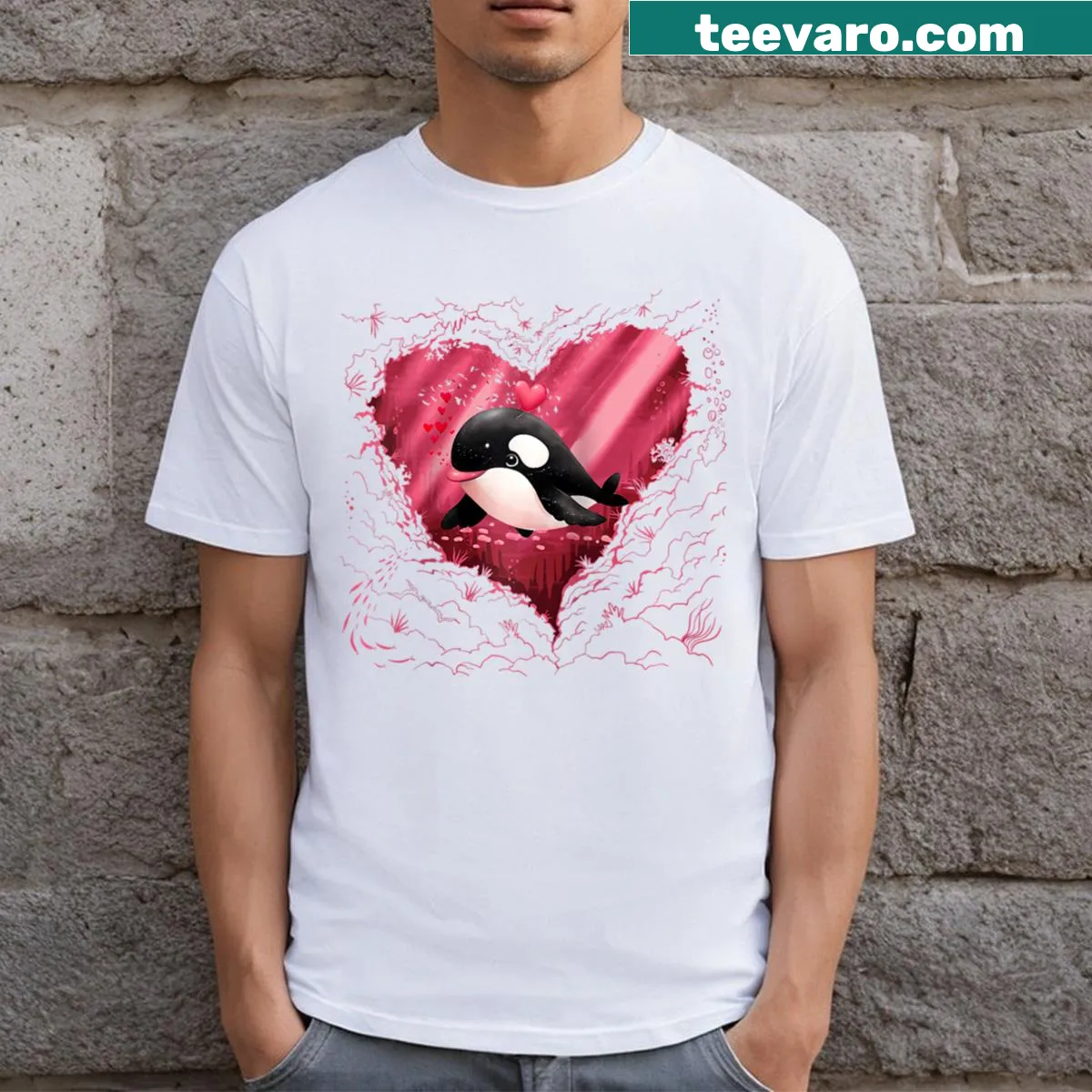 Funny Valentine's Day raglan tee with an orca heart design — on a men's t-shirt