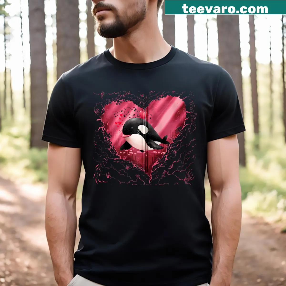 Funny Orca Heart graphic for Valentine's Day on a T-shirt — on a men's t-shirt
