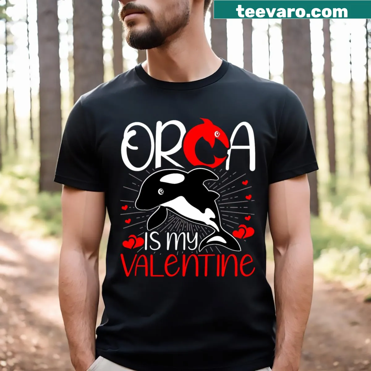 Cute Orca Is My Valentine t-shirt featuring a killer whale design — on a men's t-shirt