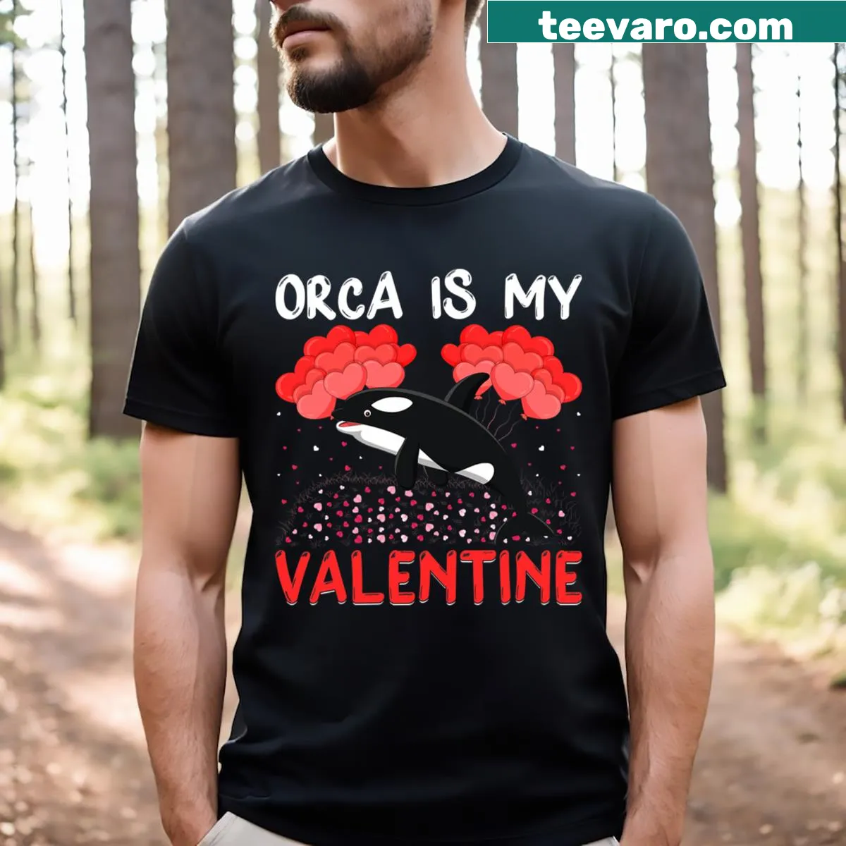 Funny Valentine's Day t-shirt featuring an orca fish graphic — on a men's t-shirt