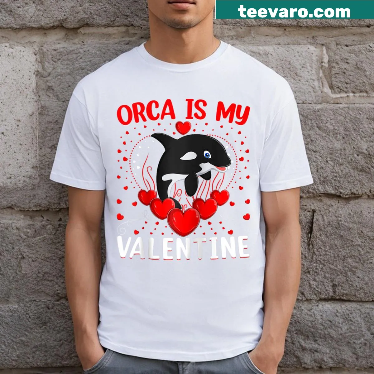 Heart-shaped Orca Is My Valentine raglan t-shirt design — on a men's t-shirt