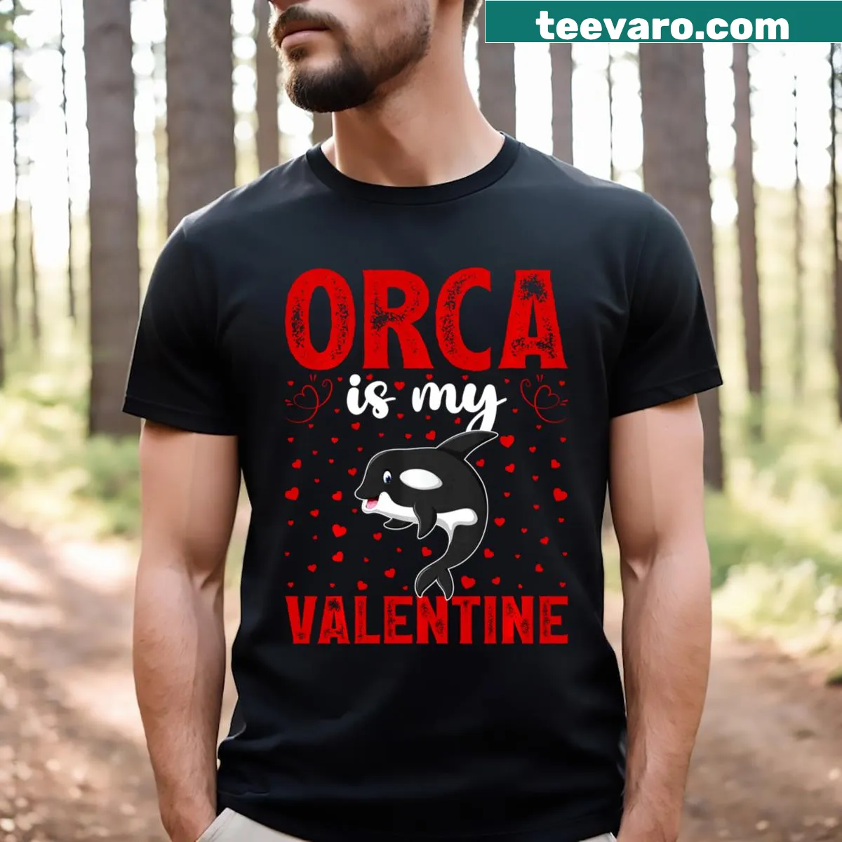 Cute Valentine's Day T-shirt with orca and love hearts — on a men's t-shirt