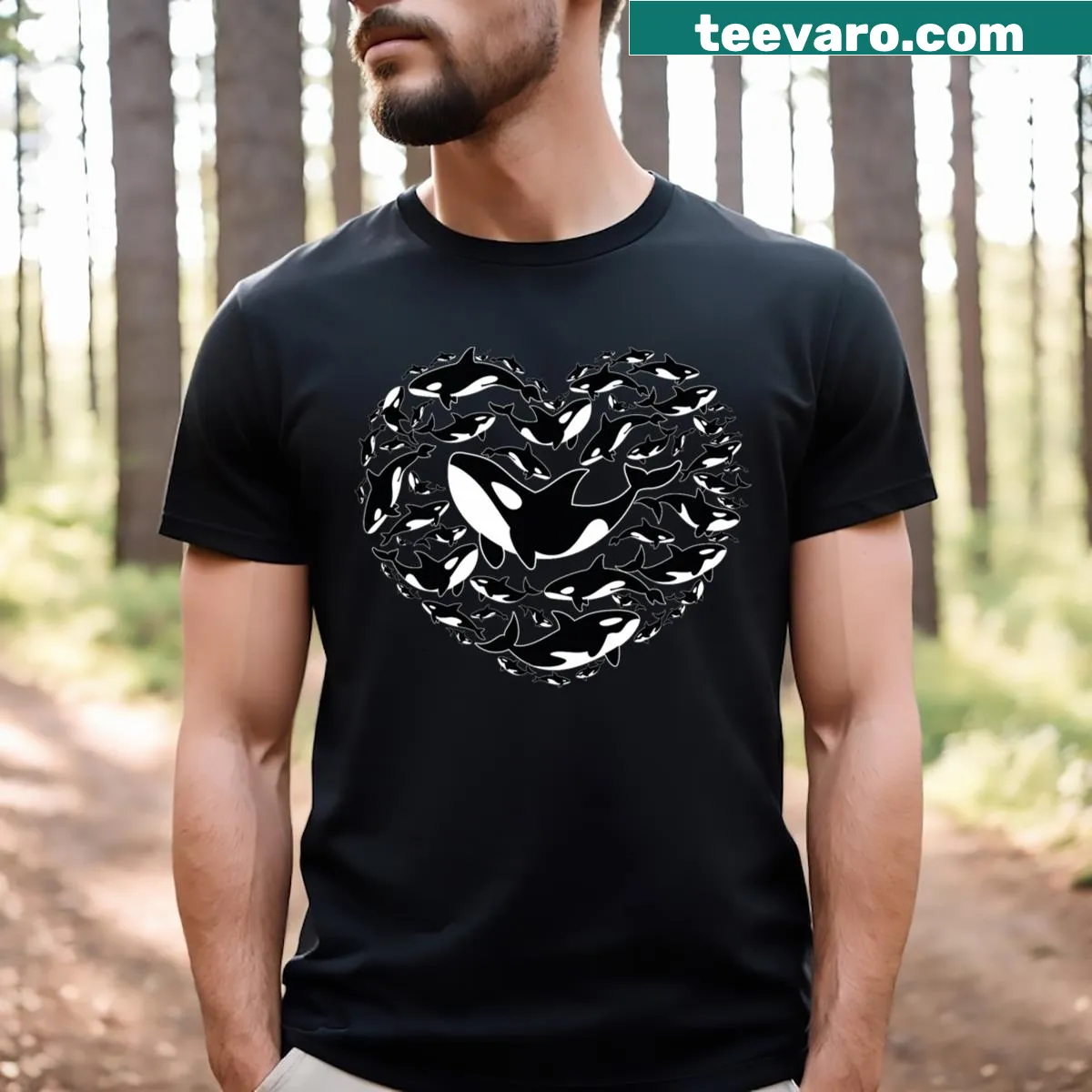 Playful illustration of an orca as a sea panda in heart shapes — on a men's t-shirt