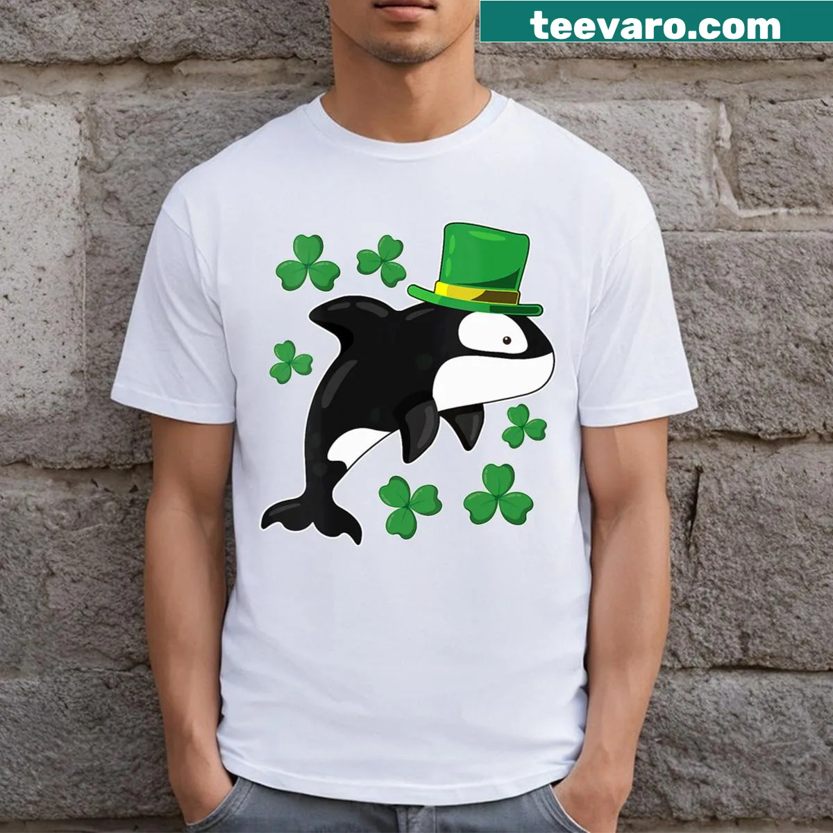 Cartoon orca whale with St. Patrick's Day symbols on a t-shirt — on a men's t-shirt