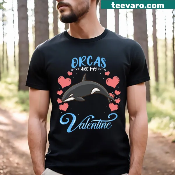 Illustrated orcas in a heart shape on a Valentine's Day t-shirt