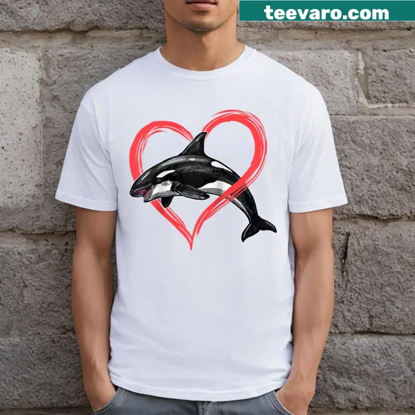 Heart symbol and orca graphic on a Valentine's Day raglan tee
