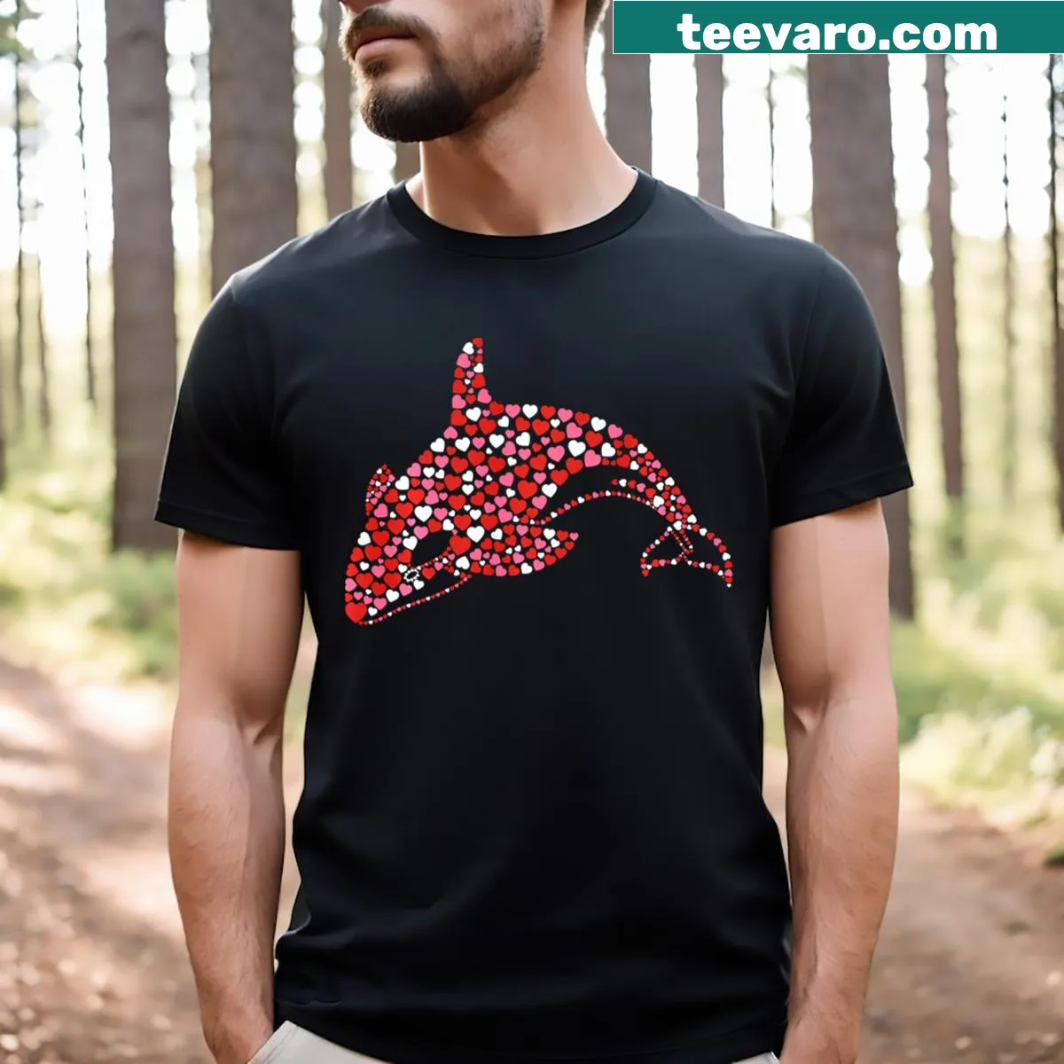 Orca whale in a heart shape graphic on Valentine's Day T-shirt — on a men's t-shirt