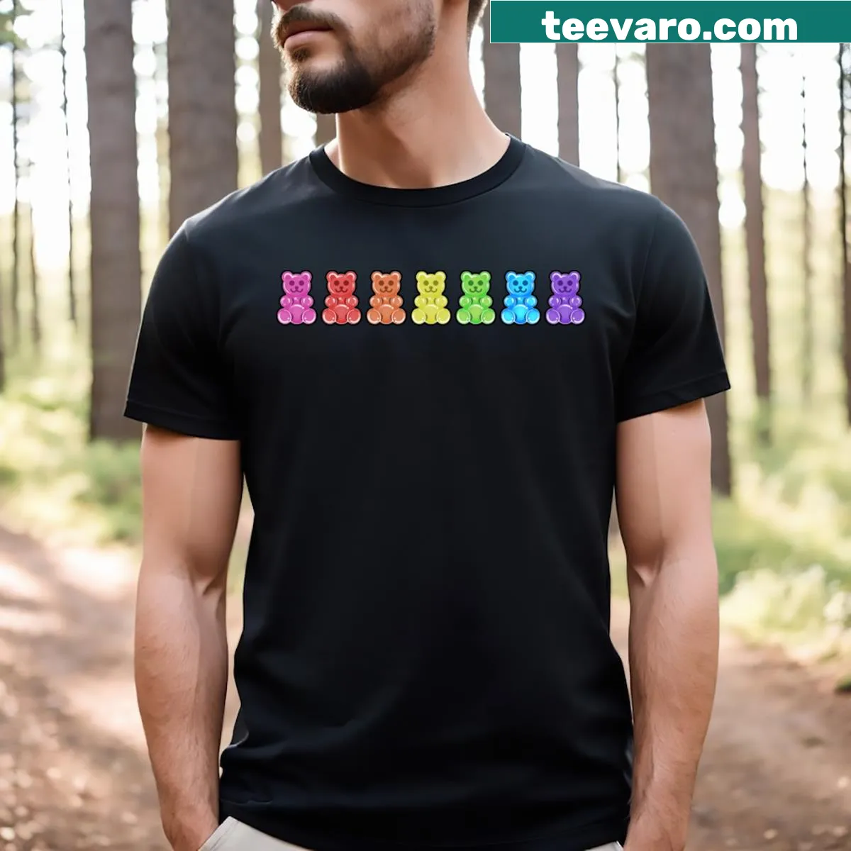 T-shirt featuring colorful gummy bears graphic — on a men's t-shirt