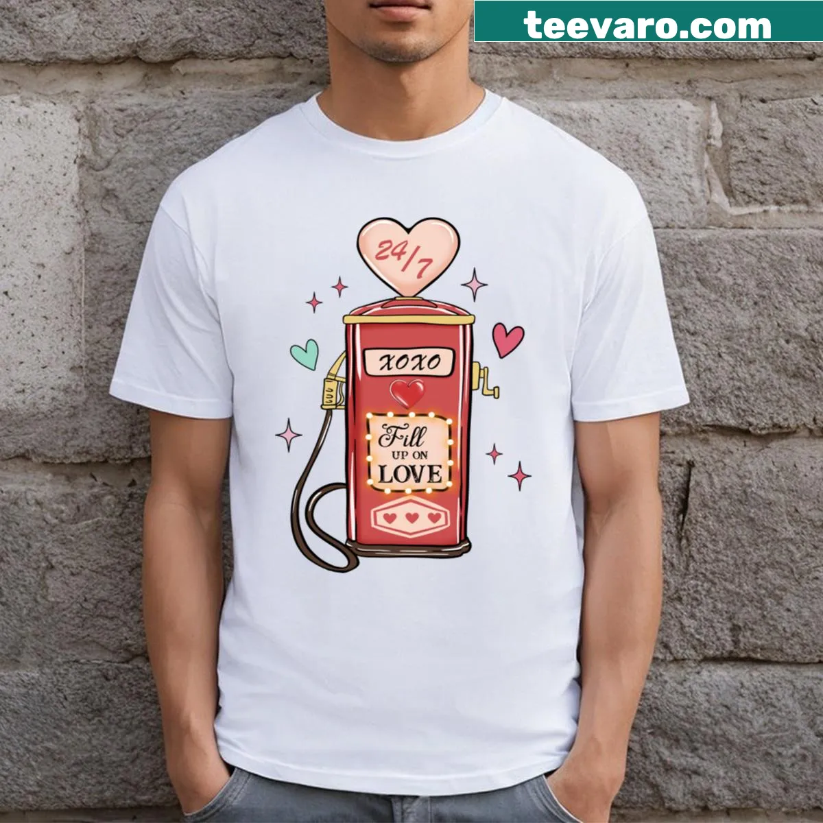 Vintage gas pump t-shirt with hearts for Valentine's Day — on a men's t-shirt