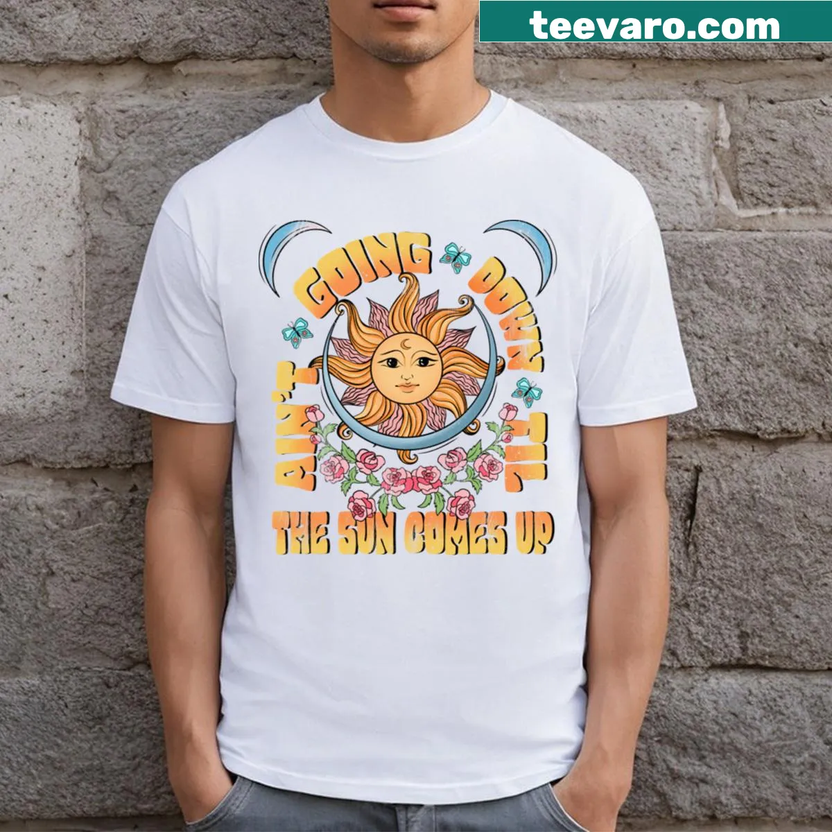 Retro Groovy text t-shirt with fun nightlife theme — on a men's t-shirt
