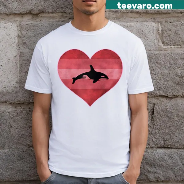 Retro Valentine baseball tee featuring an orca whale and heart design